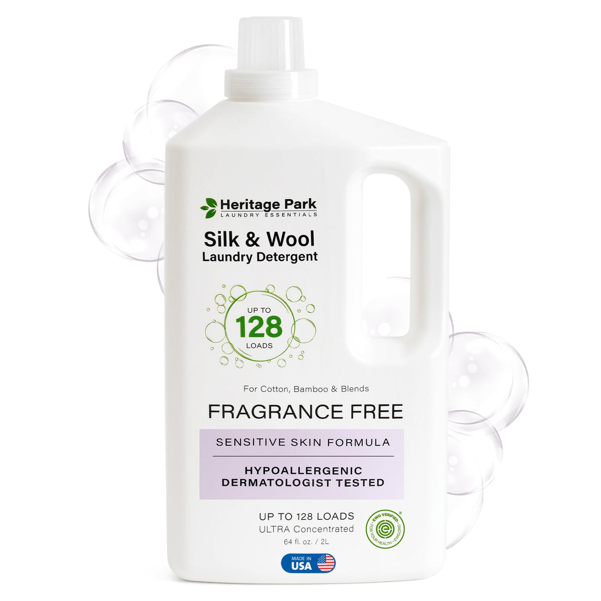 64oz bottle of Fragrance Free Heritage Park Luxury for Silk and Wool Laundry Detergent with bubbles in background