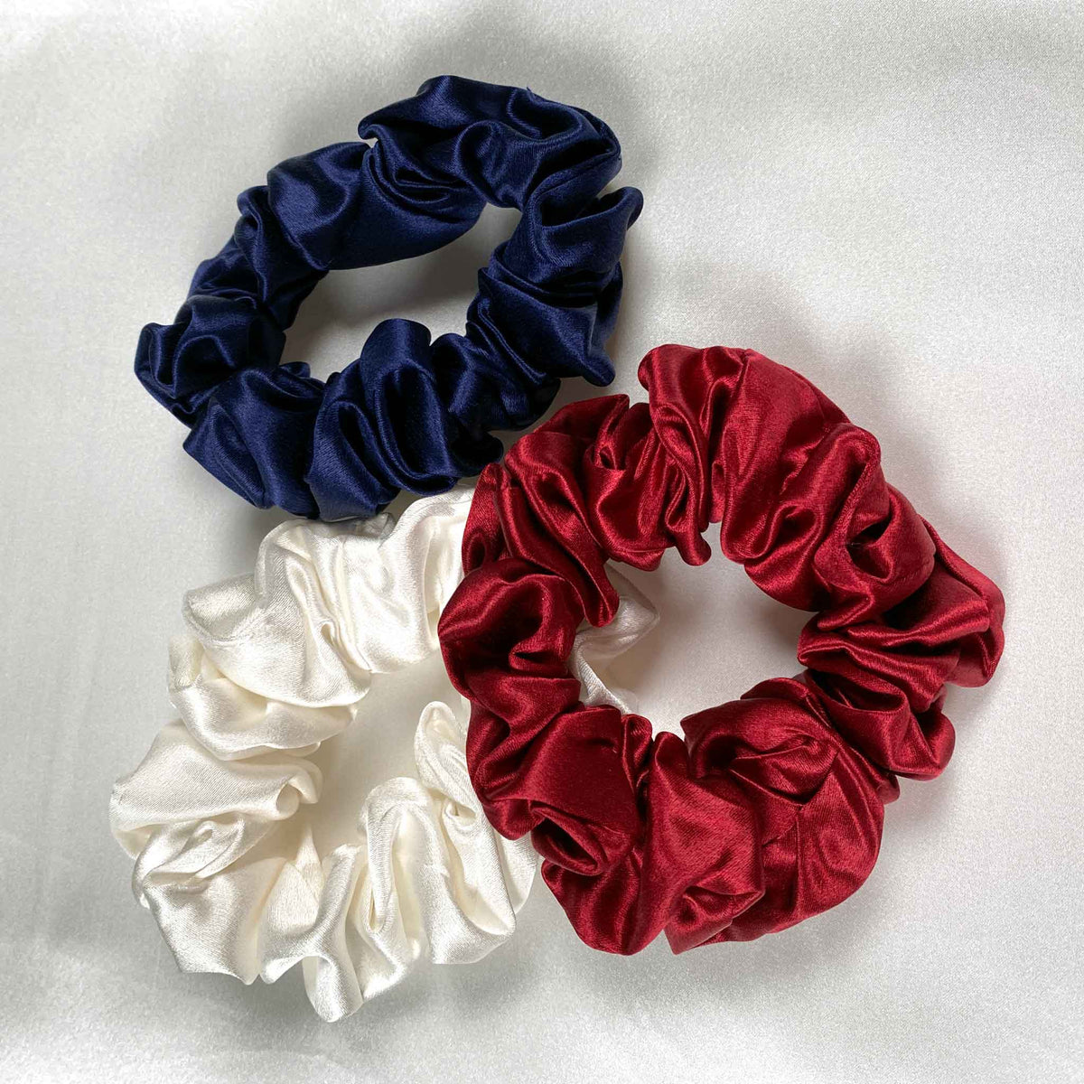 Silk Scrunchies - Ruby, Ivory, Navy