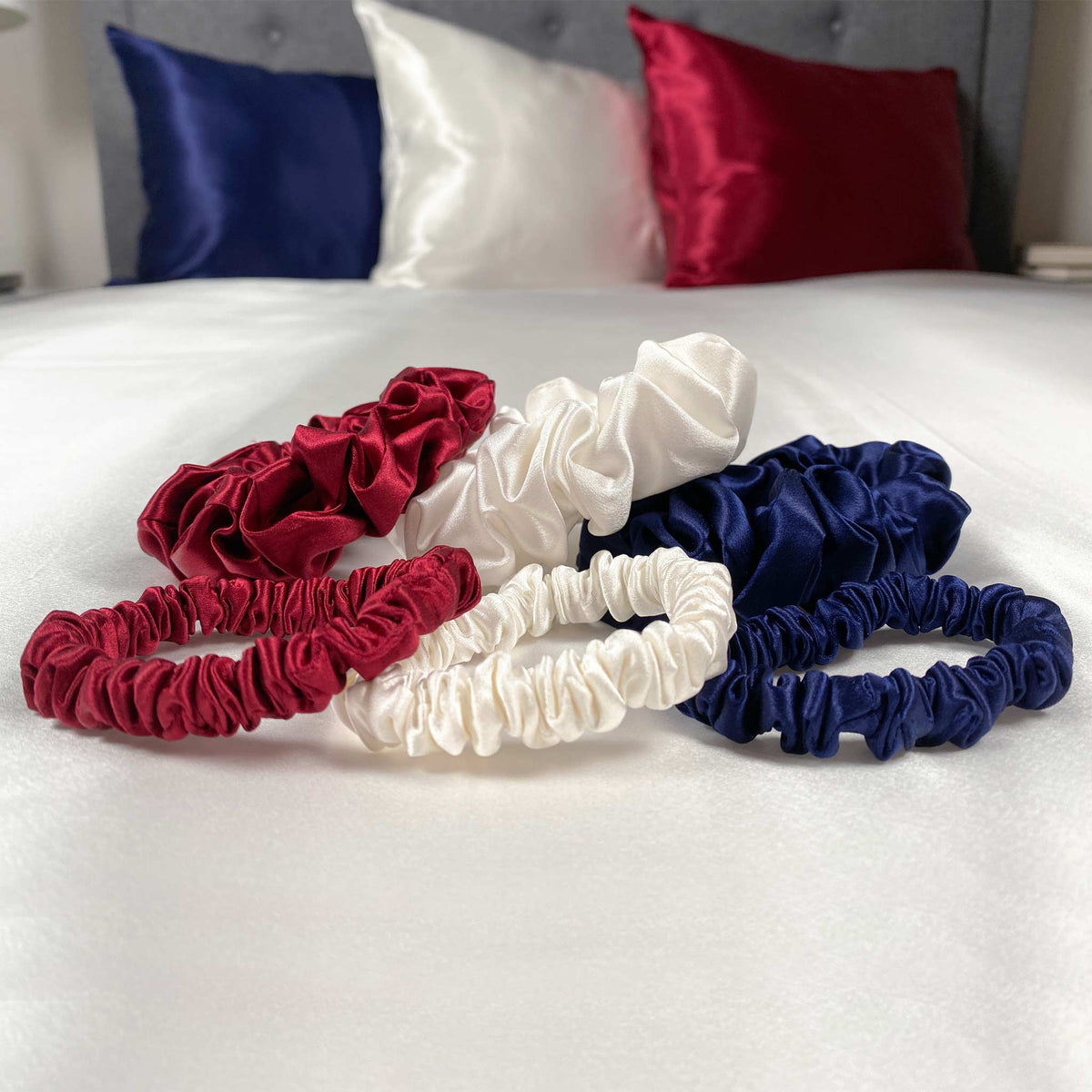 Silk Scrunchies - Ruby, Ivory, Navy