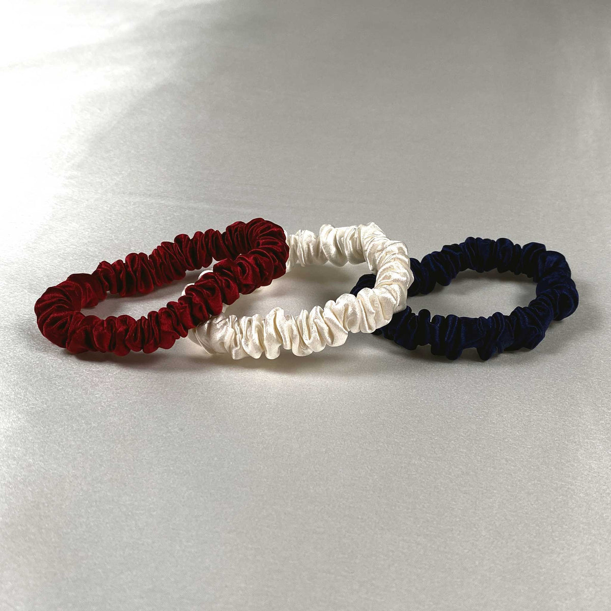 Silk Scrunchies - Ruby, Ivory, Navy