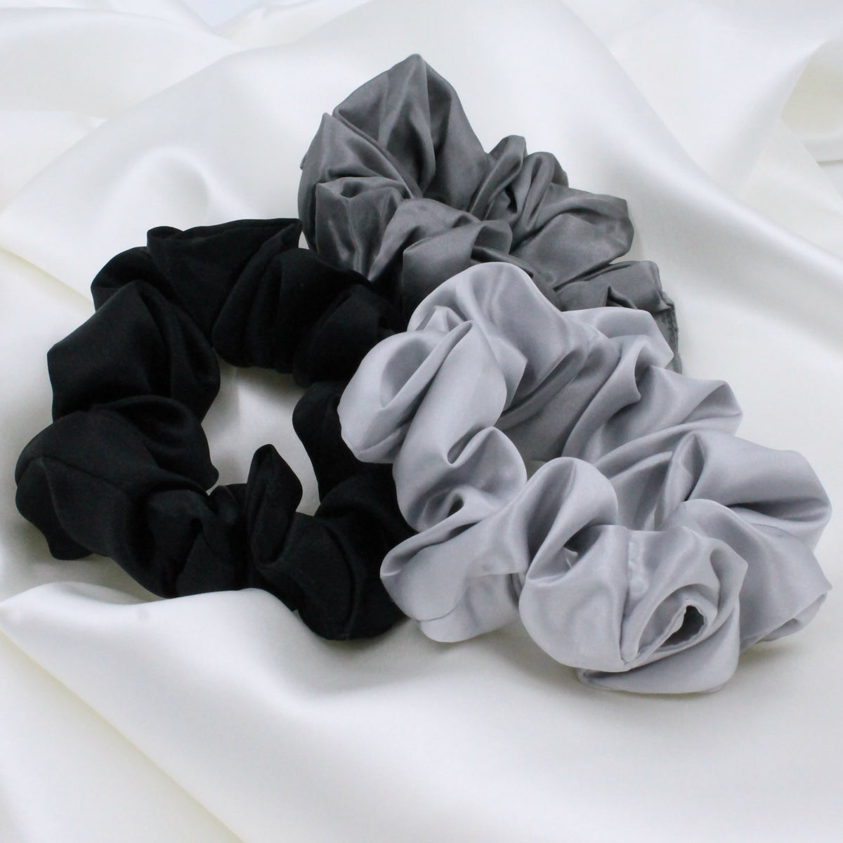 Silk Scrunchies - Black, Silver, Grey