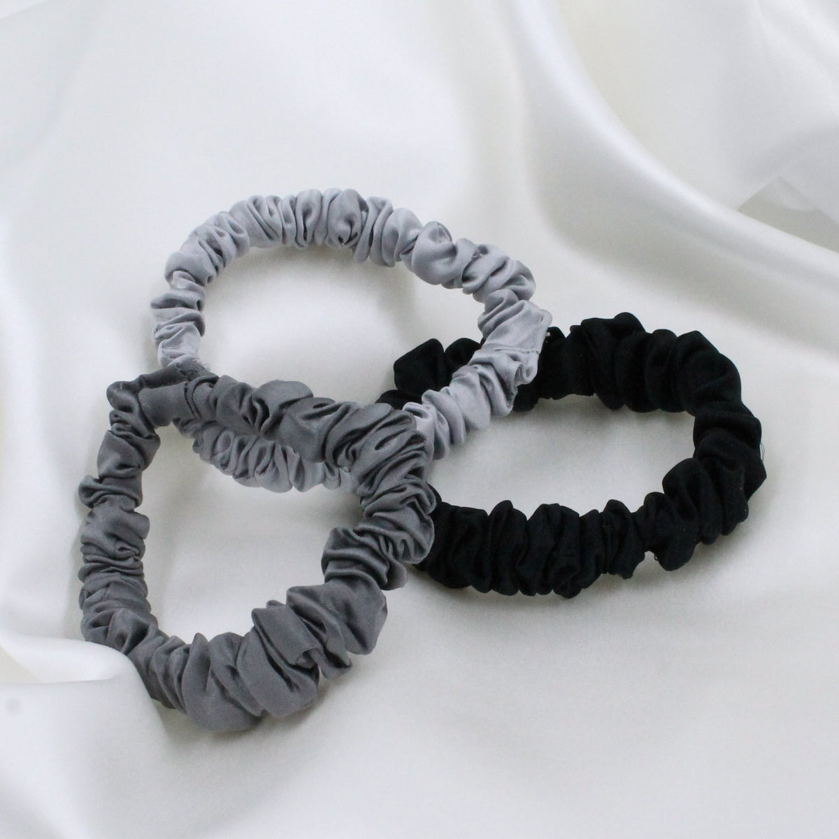 Mulberry Park Silks Silk Scrunchies - Midnight Black, Shimmery Silver, and Gunmetal Grey Skinny Layout