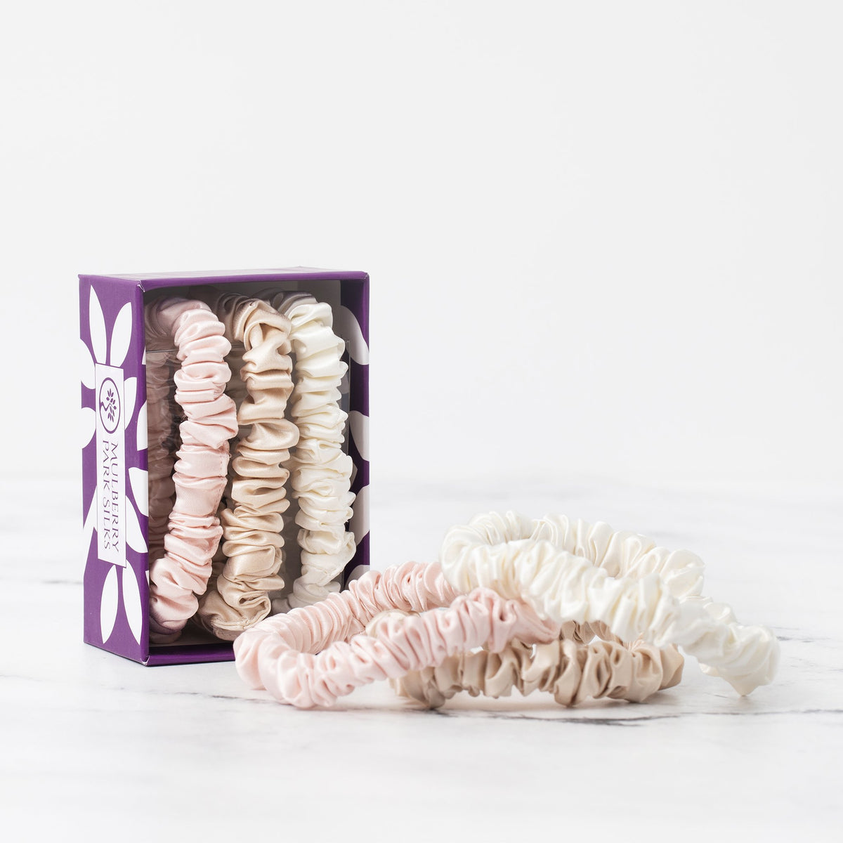 Mulberry Park Silks Scrunchies Ivory Pink Sand Stack in Giftbox